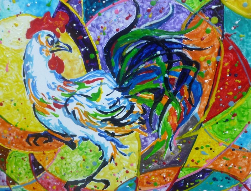 Akimova: ROOSTER, farm, bird, wax painting,20″x16″