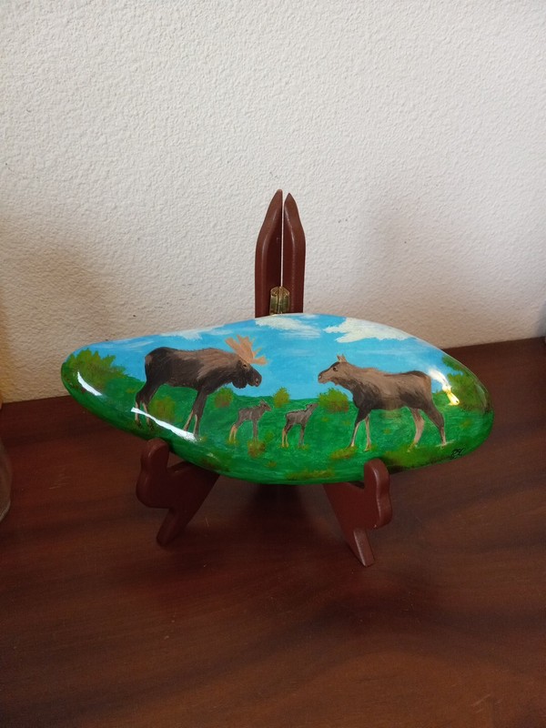 Signed, Hand Painted Rock, Sealed Bull, Twins, Mama Moose Summer Scene