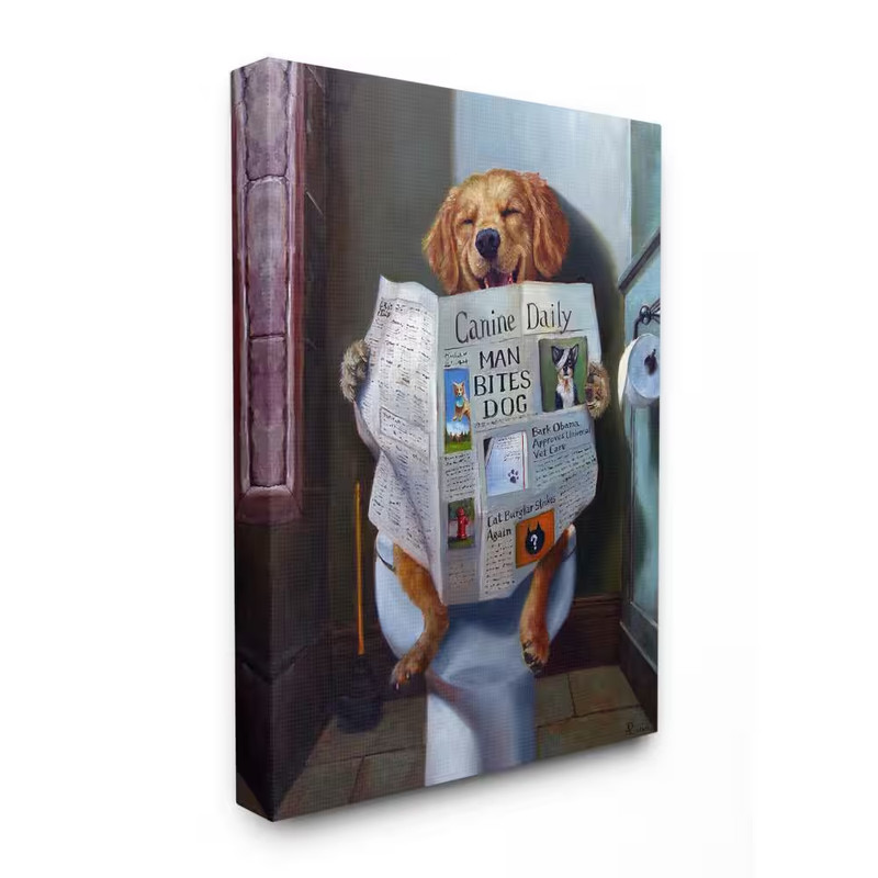 16 In. X 20 In. "Dog Reading the Newspaper on Toilet Funny Painting" by Artist L gallery