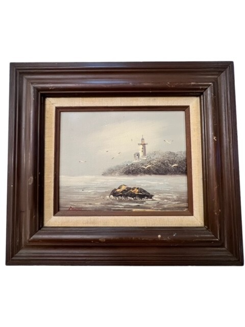 VINTAGE ORIGINAL OIL PAINTING SEASIDE SEASCAPE LIGHTHOUSE SIGNED FRAMED Seagulls