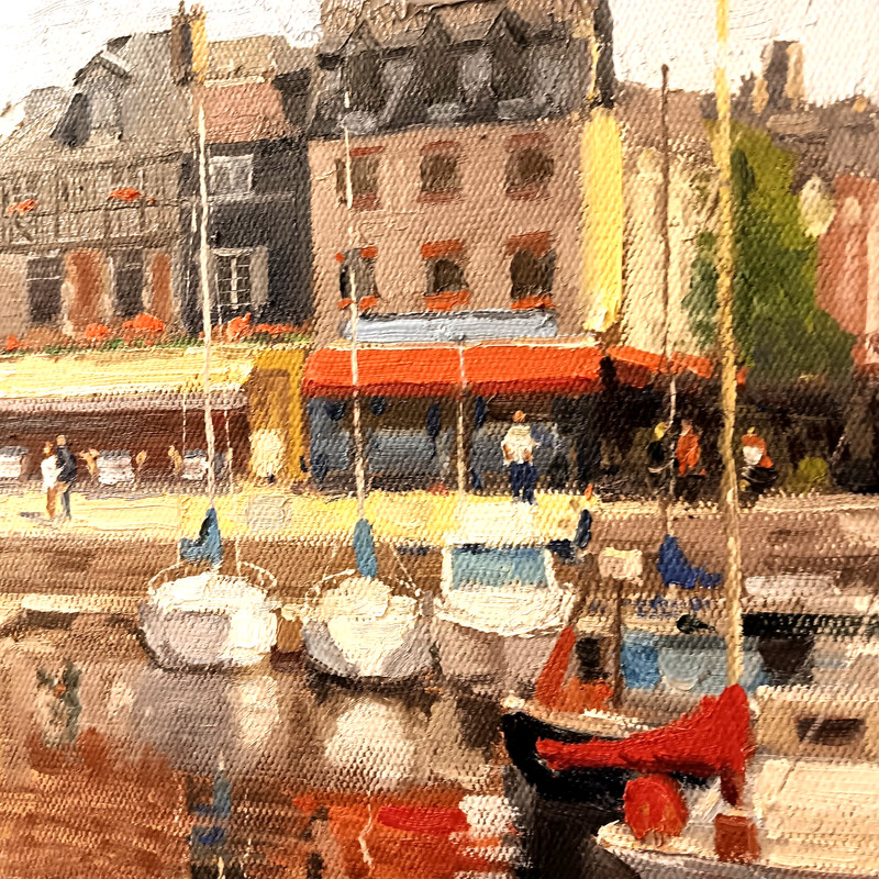 "HARBOR AT HONFLEUR, NORMANDY, FRANCE" Framed Oil Painting on Canvas. signed gallery