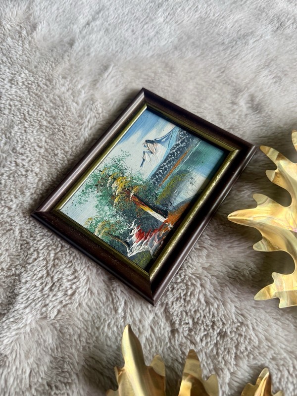 Vintage Miniature Framed Mountain Lake Landscape Oil Painting and Homco Leaves gallery