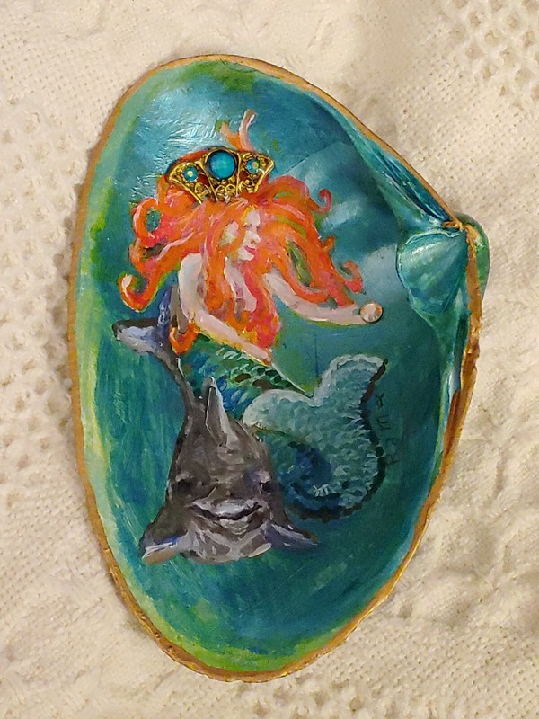 Mermaid Riding Dolphin Jeweled Seashell Hand Painted Art Beach Ocean RAMFISH