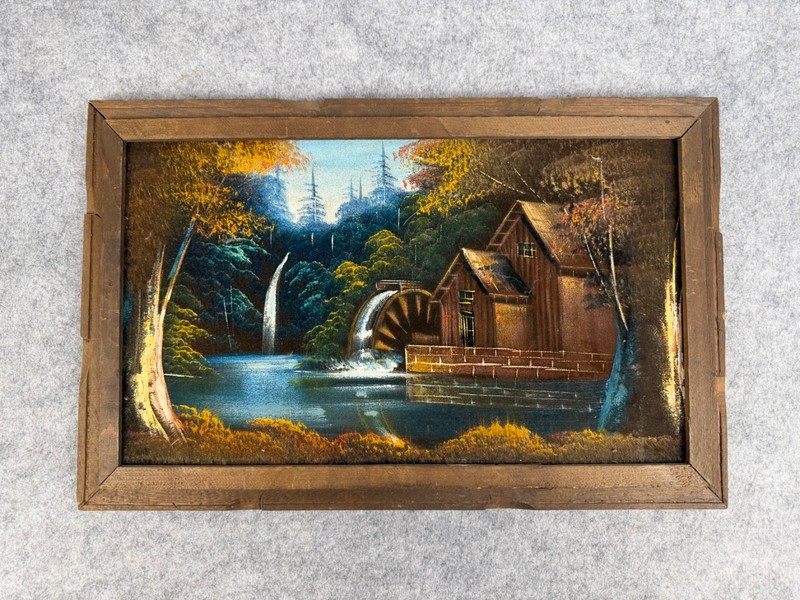 VTG Framed Landscape Painting Watermill Cabin River Waterfall Rustic Wall Art