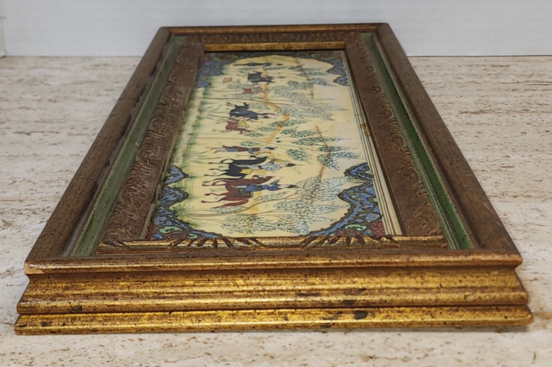 Vintage Middle Eastern Persian Gouache Handpainted on Bone Hunting Scene Framed gallery