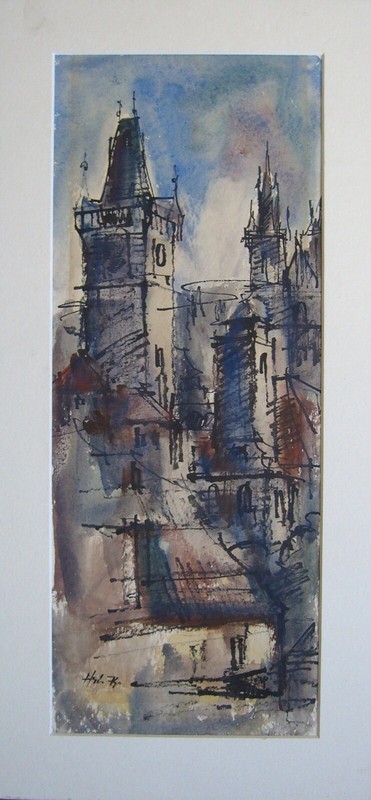 Watercolor View Prague Old Town Hall St. Nicholas Church Modern Signed Art