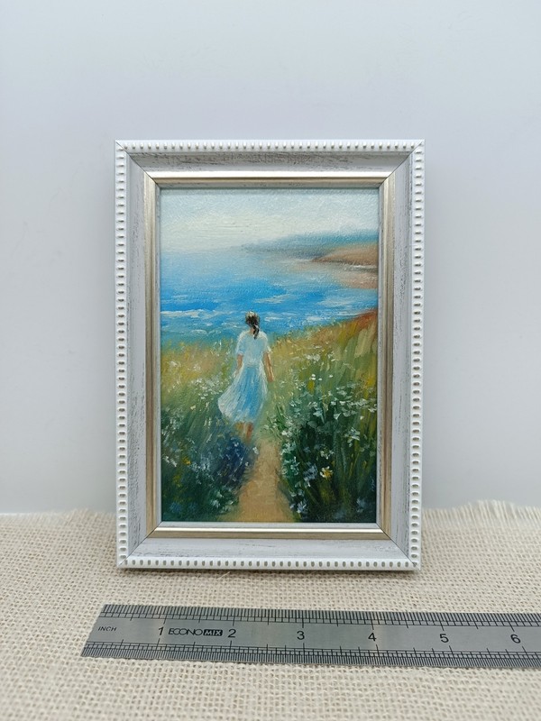 Beach Girl Original Oil Painting 4x6 Framed Signed Woman Sea Beachfront Art gallery
