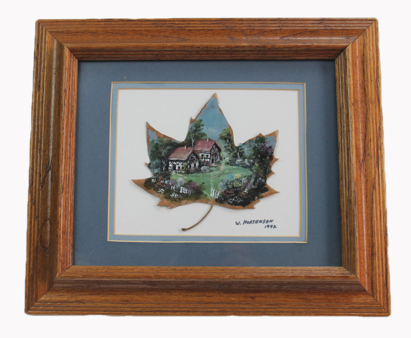Cottage Miniature Painting on Maple Leaf Winnie Mortenson Flowers Priority Mail