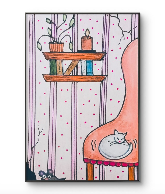 ACEO Original Cat Napping on Chair Acrylic & Pencil by Charlene Slie