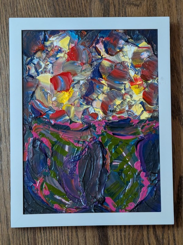 Abstract Flower Vase Painting – Framed, Signed by Chunbum Park