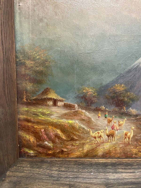 ANTIQUE Oil On Canvas Ecuador Volcano Llama Painting OSWALDO MONCAYO LISTED L@@K gallery