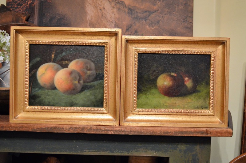 2 CARDUCIUS P REAM OIL STILL LIFE PAINTINGS PEACHES & APPLES TOP CHICAGO ARTIST