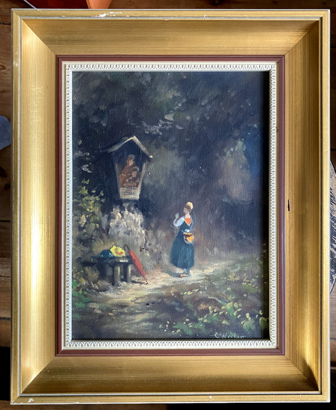 Praying Woman At Wayside Cross South German Catholic Church Antique Oil Signed