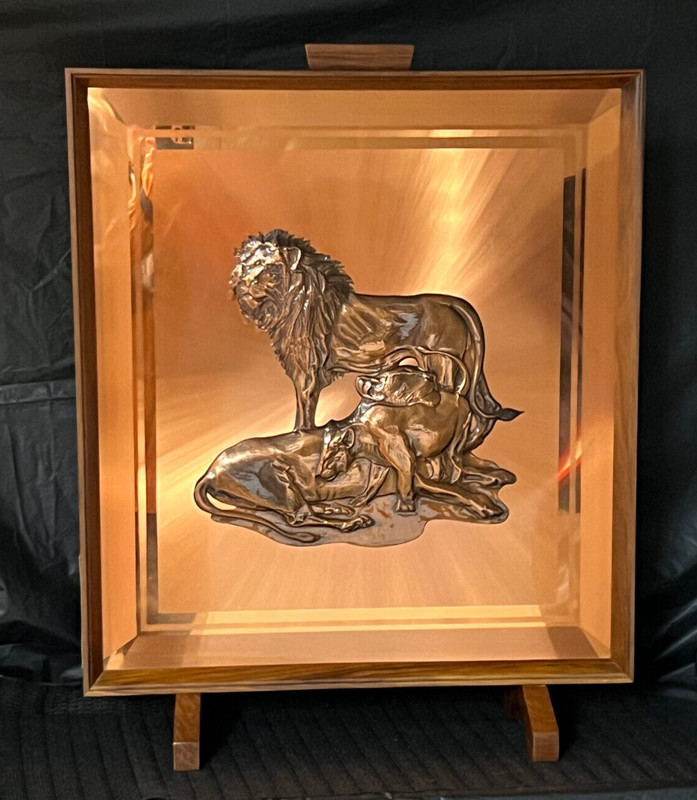 H.T. 3-D Copper «Lions With Lion Cub» • Stand Alone or Wall Hanging Framed Art