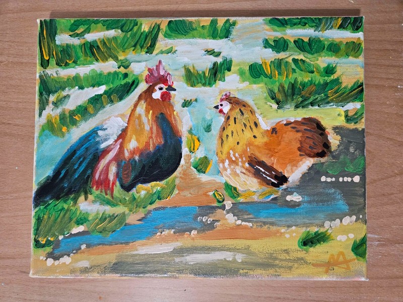 Original Hand Painted 8x10 Inch Canvas Ohiki Chickens, Rooster & Hen Wall Art gallery