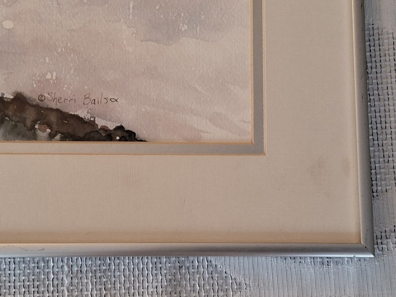 Watercolor art by Sherri Bails madded framed signed crashing waves on rocks gallery