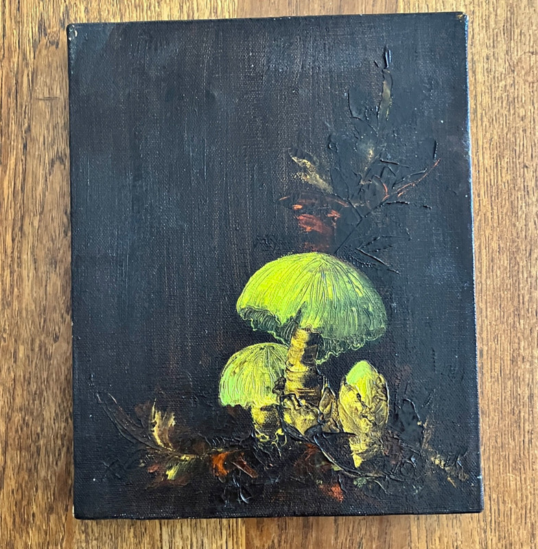 Mushrooms bright gold Oil on canvas Painting Design w leaf «Silky VOLVARIA»