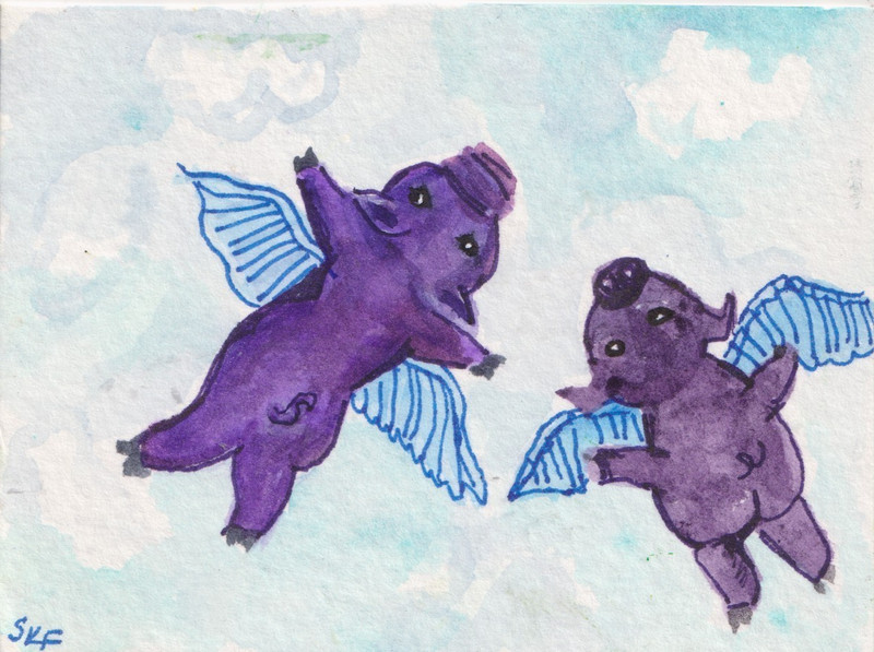 ACEO Cute Purple Flying Pigs Original Watercolor Painting