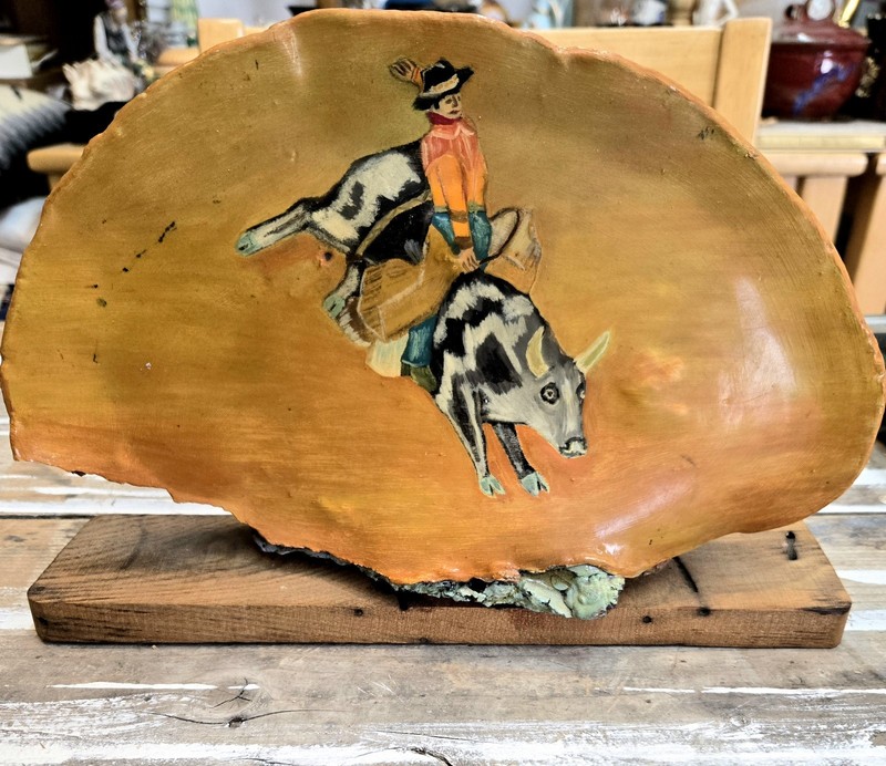 Handpainted Western Bull Rider/ Tree Shelf Conk Mushroom 11″ long On Wood Stand