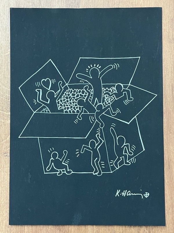 Keith Haring drawing and painting on old paper signed stamped vintage