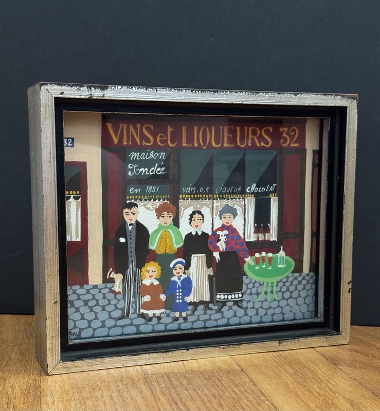 Vintage Paris Street Scene Painting Signed French Wine & Liqueurs Shop 8” x 6.5”