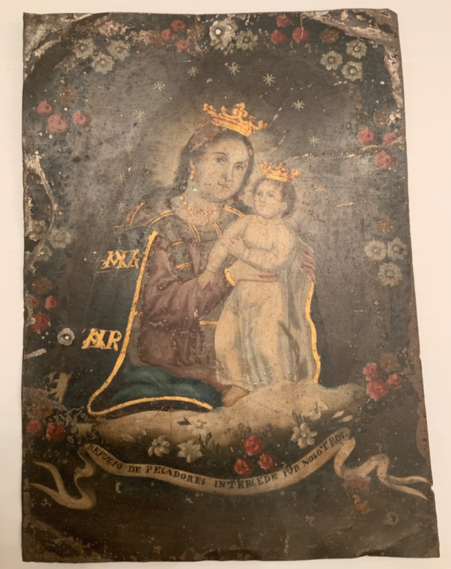 19th C. Antique Colonial Oil Painting Virgin Mary Refugio Christ Retablo Mexican