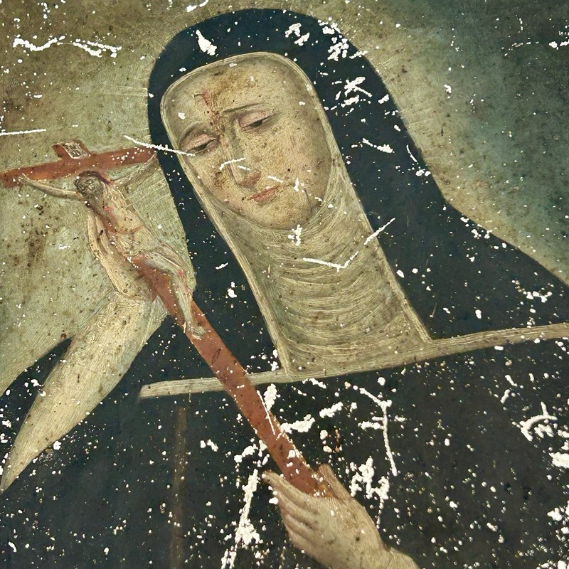 St Catherine Siena Painted Tin Retablo Skull c1900 Antique Catholic Memento Mori gallery