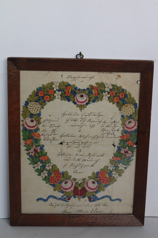 Antique 19th Century PA Heart & Floral German Folk Art Fraktur Painting, Elser