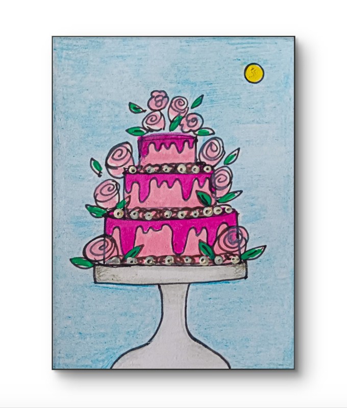 ACEO Original Girly Pink Cake Roses Acrylic & Pencil by Charlene Slie