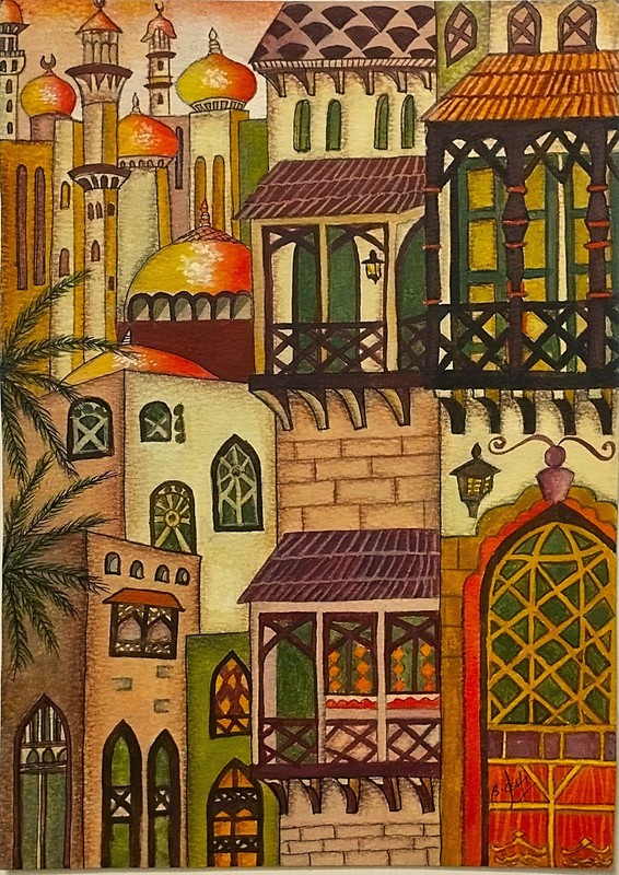 Vintage Original Watercolor Painting Handpainted Wall Art, A Oriental Arab City