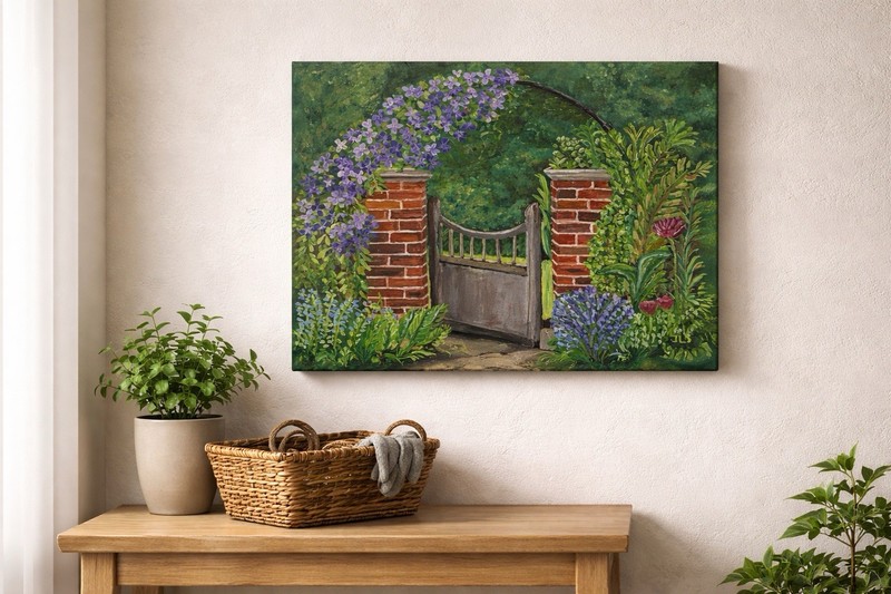 Garden Gate Painting Floral Landscape Cottage Garden Decor Wall Art 16×20