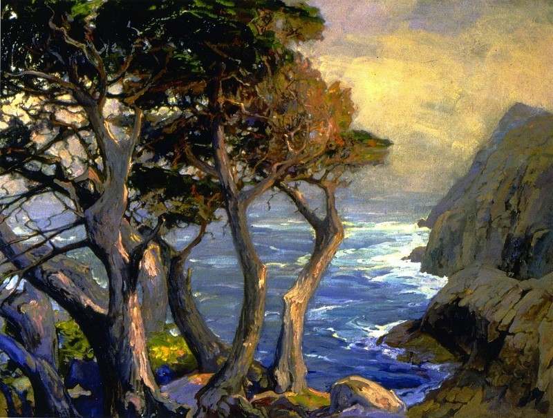 Oil painting trees landscape by the ocean A-Cool-Fog-Drifting-Franz-Bischoff art