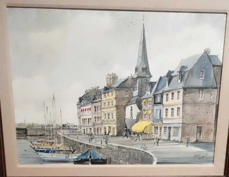 HIRO "HONFLEUR FRANCE" LARGE ORIGINAL OIL ON CANVAS SEASCAPE PAINTING 1979 gallery