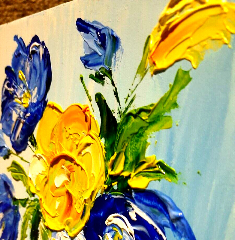 Oil painting 8x8". Beautiful bright flowers in a vase on the table. Still life. gallery