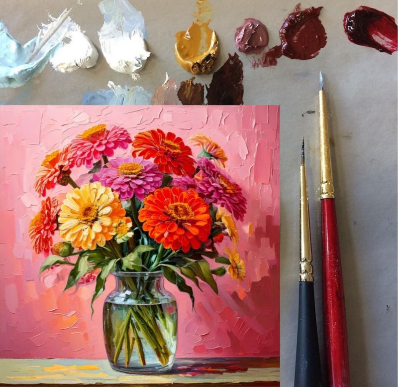 ORIGINAL Oil PAINTING on Canvas Zinnia Textured Art 12x12 in Custom Order gallery