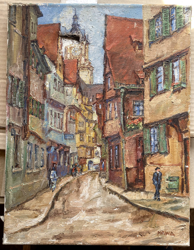 ::HAWA SIGNIERT °ALTSTADT MIT KIRCHE GASSE FACHWERK PERSONEN °WER KENNT DEN ORT?