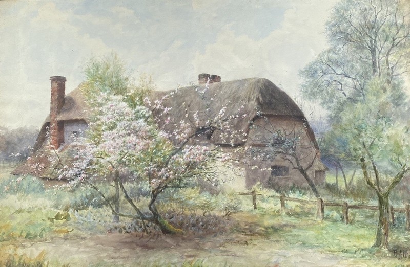 Original Watercolor Painting Signed RJH Thatched Cottage Garden Landscape Framed gallery