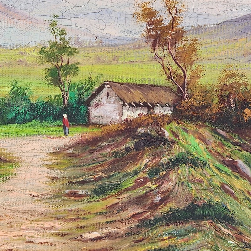 Vintage European Oil Painting Landscape Cottage Mountain 22x18 Framed Original gallery