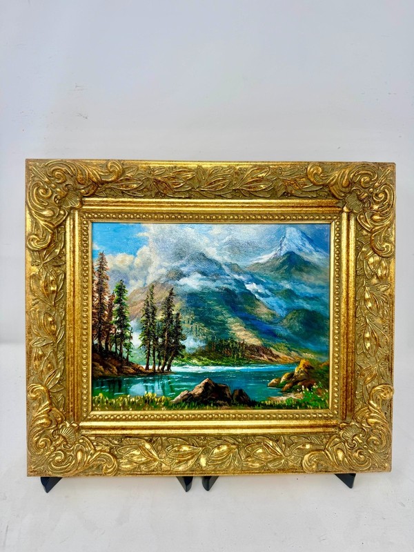 Ornate Gold Frame Mountain Lake Landscape Oil Painting Wall Art