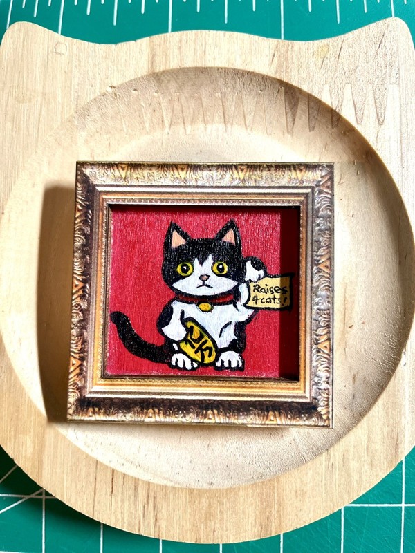 Original Mini Acrylic Black And White Lucky Cat Painting 1.8 Inch Square Framed