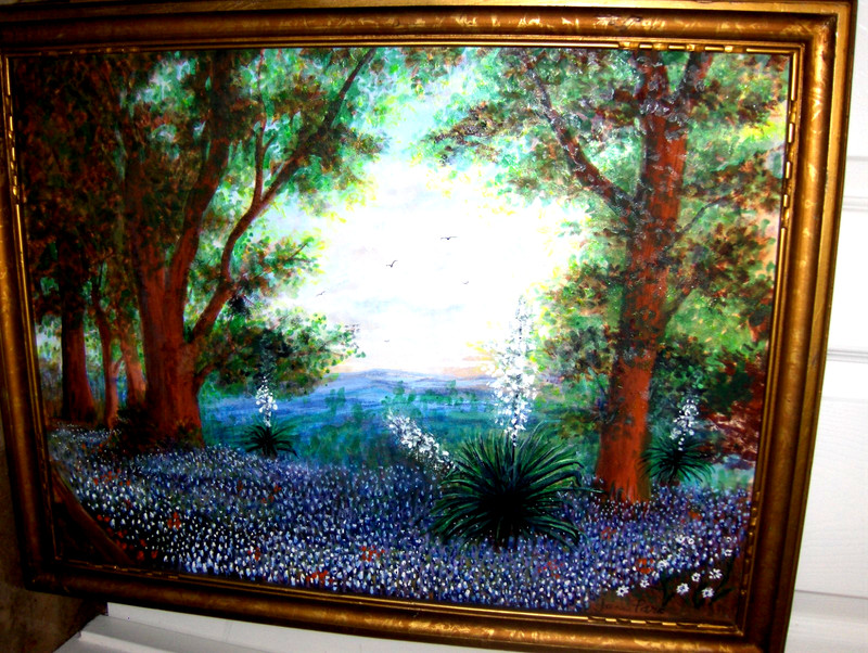GORGEOUS Original Bluebonnet Landscape Bird Sky Blooming Yucca TX VINTAG Oil Art gallery