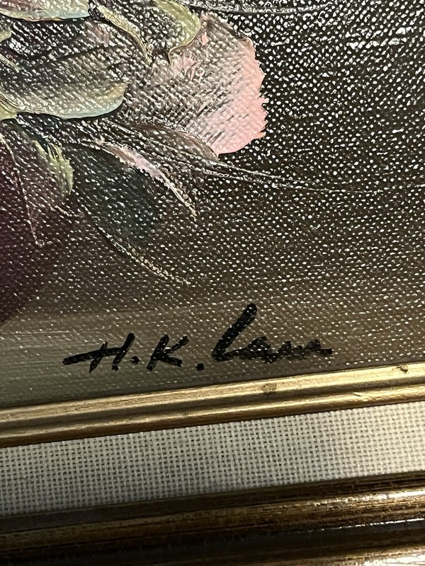 Hand Painted Cottage Romantic Roses Signed H.K. Lam? Carn? Framed Canvas 13x11 gallery