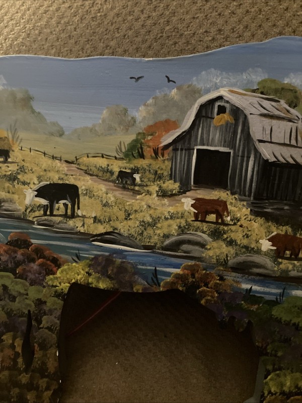 OOAK HANDMADE HAND PAINTED SIGNED COWS IN FIELD NEAR STREAM LEATHER HANGER gallery