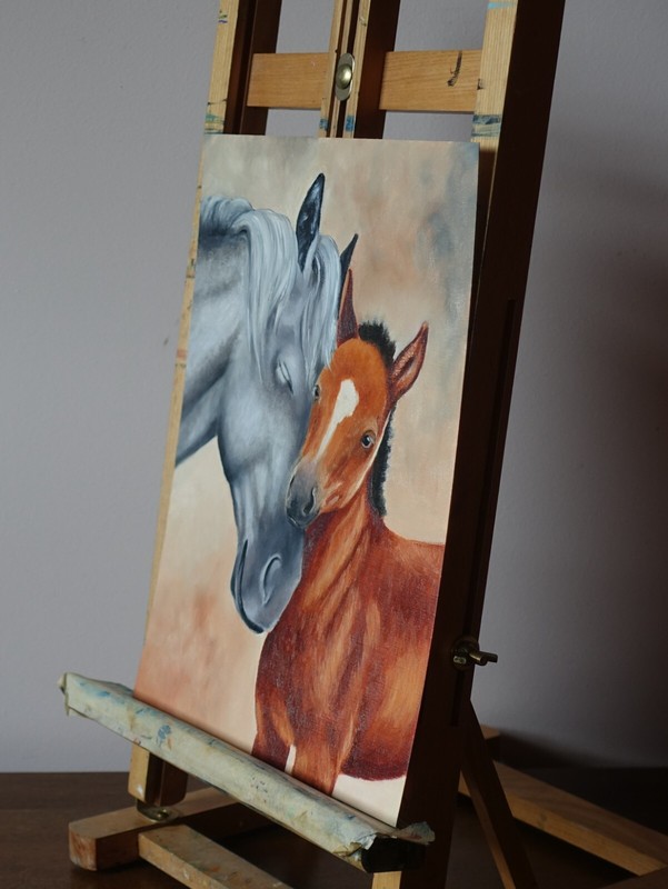 Horses oil artwork, mare and foal portrait, Horse art gallery