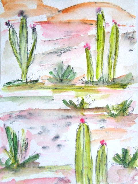 Original COLORFUL SUNSET DESERT CACTUS Landscape Watercolor Painting 5X7