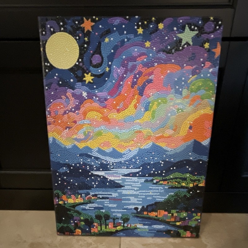 Acrylic Dot Painting Abstract Landscape Night Sky Stars Seascape Canvas Art