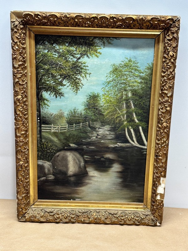 Antique Oil Painting – Tree Stream Pastoral – Gold Gilt Gesso Frame 16″x22″