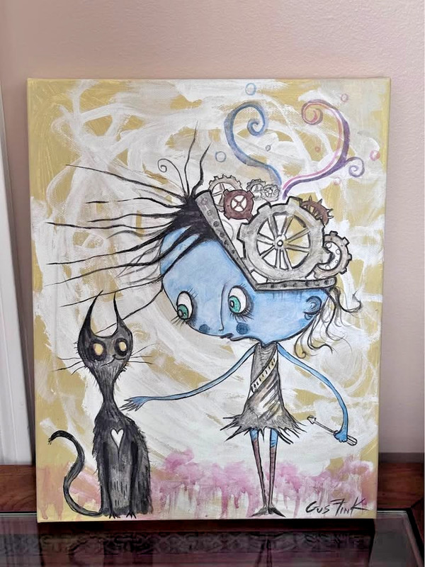 Original Gus Fink Signed Painting Steampunk Girl&Cat Lowbrow Pop Surrealism Art