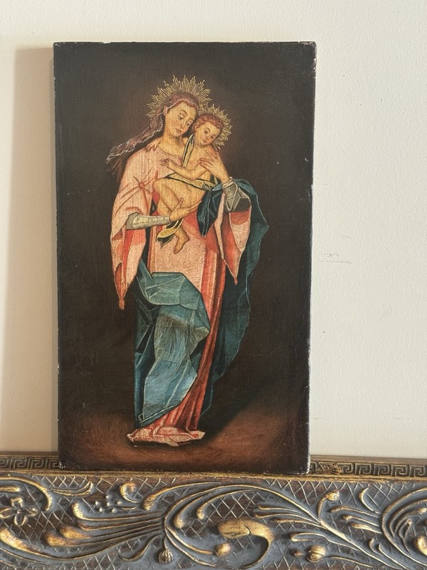 Antique Cusco School Peru Oil Painting “Madonna With Child” 14 X 8.5 Inches