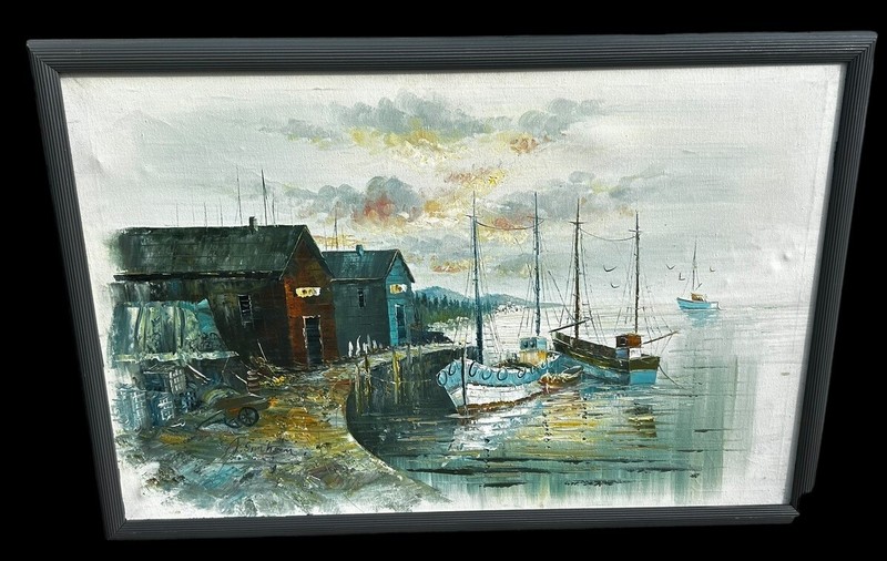 ALAN SIMPSON FISHING BOATS In HARBOR SEASCAPE 1970s Signed PAINTING 38”L